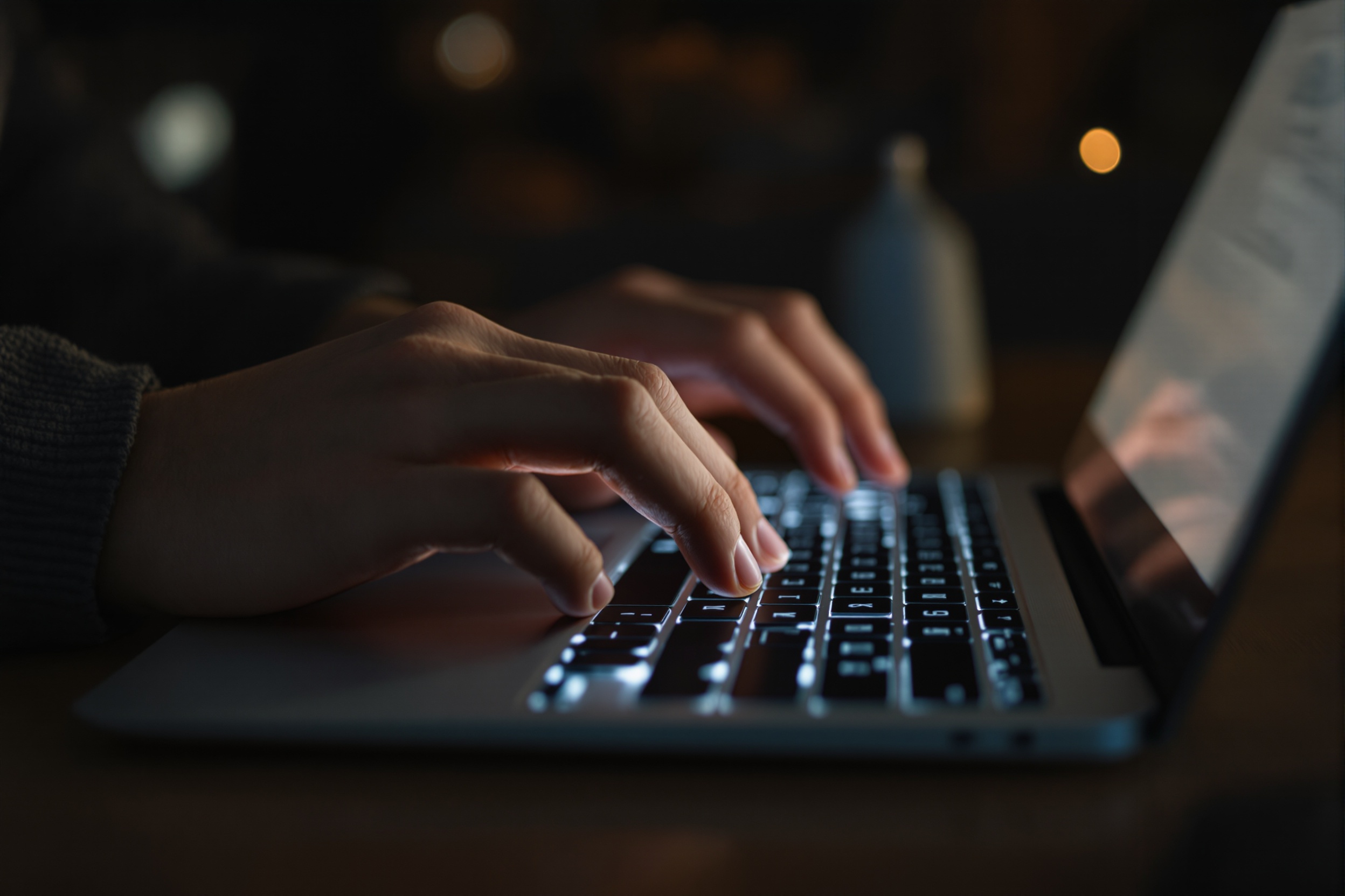 Hands paused over a laptop keyboard at a kitchen table at night, mid-decision.