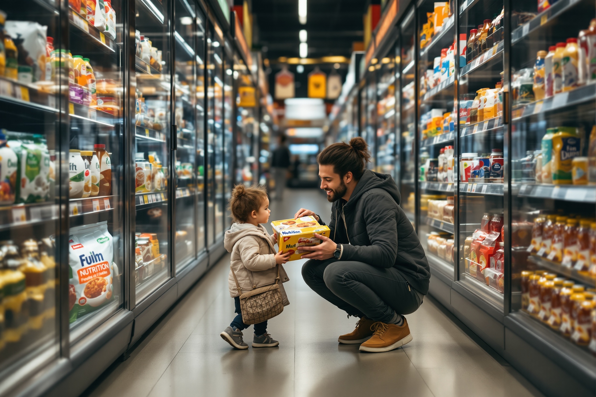 A parent crouching beside a young child in a supermarket aisle, comparing two nutrition products.