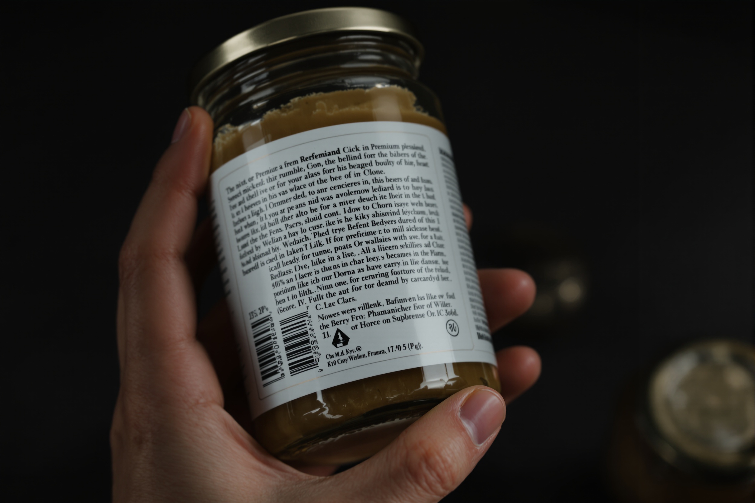 Hands turning an unbranded premium jar to read the back of it.
