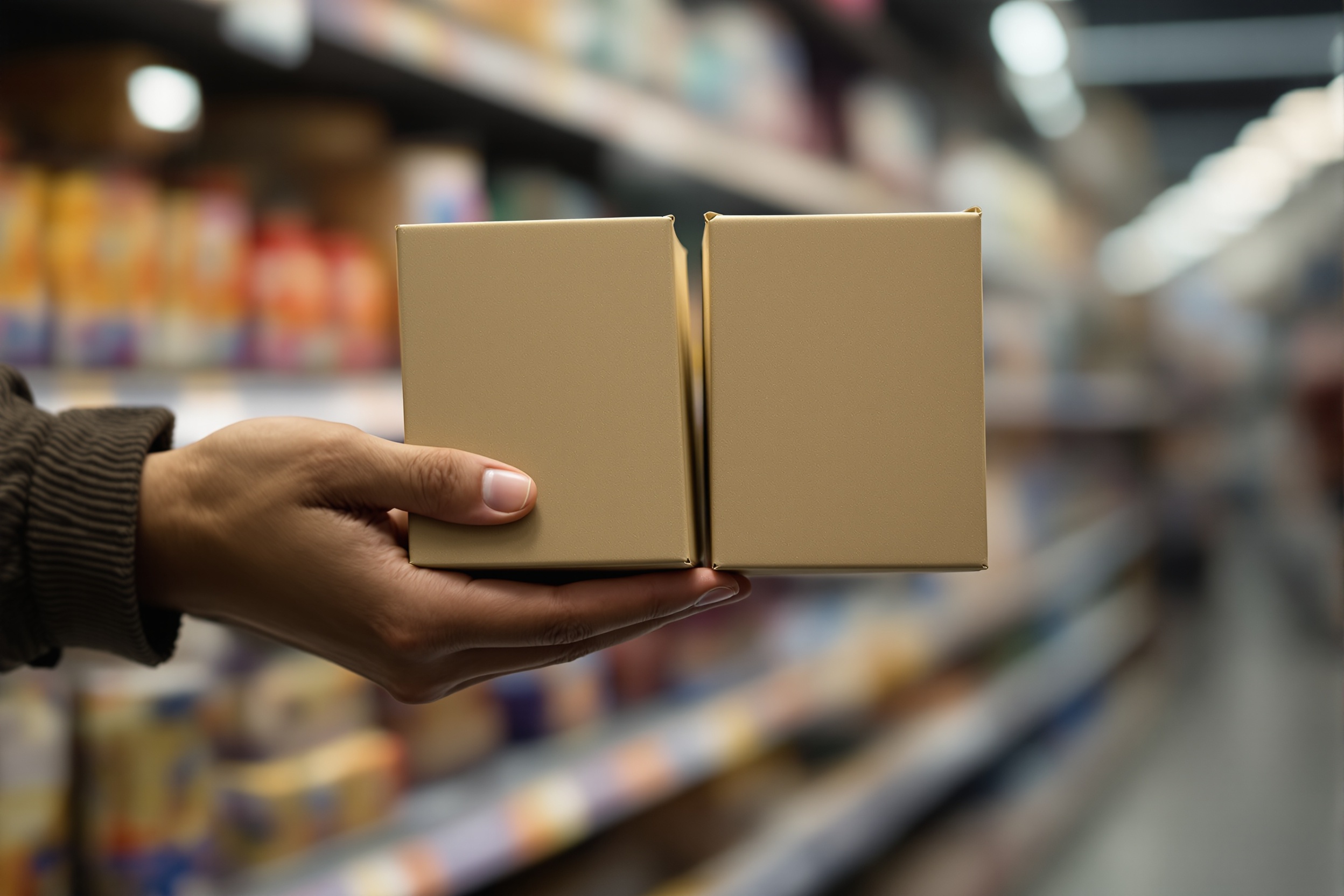 A shopper's hands weighing two similar unbranded product boxes against each other.