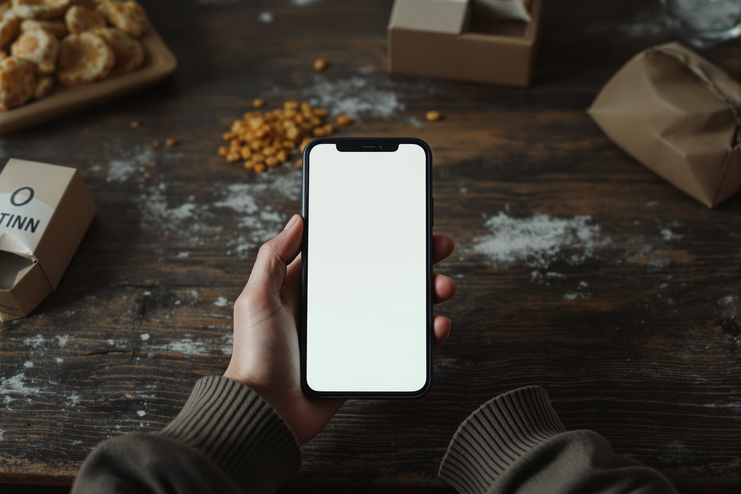 Hands holding a phone showing a blank questionnaire at a kitchen table.